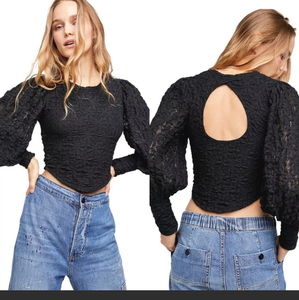 Free People Black Puff Sleeve Lace Blouse Size M
